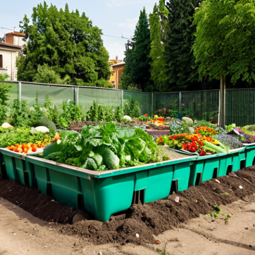A vibrant community garden in Turin, Italy, overflowing with vegetables and flowers, nourished by a compost bin overflowing with organic waste. Local residents of all ages are tending to the garden, showcasing community engagement in sustainable urban farming.