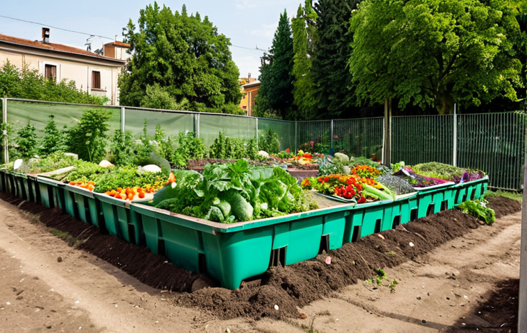 A vibrant community garden in Turin, Italy, overflowing with vegetables and flowers, nourished by a compost bin overflowing with organic waste. Local residents of all ages are tending to the garden, showcasing community engagement in sustainable urban farming.