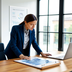 A professional female business leader in a modest, dark blue blazer and a male NGO representative in a grey collared shirt, both fully clothed, engaged in a collaborative discussion. They are standing in a bright, modern, eco-friendly office with large windows, natural light, and a wooden conference table. On the table are sustainable product prototypes and design sketches. The background features a large monitor displaying a circular economy infographic. The scene emphasizes partnership and innovation. High-resolution, sharp focus, natural pose, perfect anatomy, correct proportions, well-formed hands, proper finger count, natural body proportions, professional photography, appropriate attire, safe for work, appropriate content, fully clothed, professional.