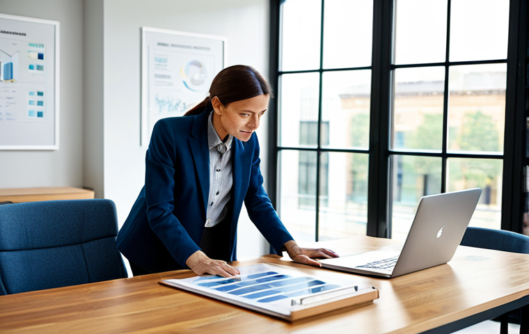 A professional female business leader in a modest, dark blue blazer and a male NGO representative in a grey collared shirt, both fully clothed, engaged in a collaborative discussion. They are standing in a bright, modern, eco-friendly office with large windows, natural light, and a wooden conference table. On the table are sustainable product prototypes and design sketches. The background features a large monitor displaying a circular economy infographic. The scene emphasizes partnership and innovation. High-resolution, sharp focus, natural pose, perfect anatomy, correct proportions, well-formed hands, proper finger count, natural body proportions, professional photography, appropriate attire, safe for work, appropriate content, fully clothed, professional.