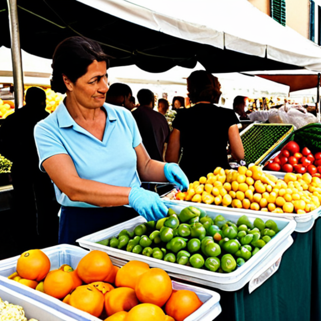 A professional Italian woman in her late 30s, fully clothed in modest, smart casual attire, stands at a bustling, sunlit local market (mercato rionale) stall in Italy. She is thoughtfully selecting fresh, unpackaged produce, holding her own reusable fabric shopping bag and a clean glass container. The market stall is filled with vibrant, loose fruits and vegetables, and a friendly vendor is visible in the background. The atmosphere is inviting and community-focused. Perfect anatomy, correct proportions, natural pose, well-formed hands, proper finger count, natural body proportions. Professional photography, high quality, natural light, safe for work, appropriate content, fully clothed, family-friendly.