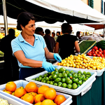 A professional Italian woman in her late 30s, fully clothed in modest, smart casual attire, stands at a bustling, sunlit local market (mercato rionale) stall in Italy. She is thoughtfully selecting fresh, unpackaged produce, holding her own reusable fabric shopping bag and a clean glass container. The market stall is filled with vibrant, loose fruits and vegetables, and a friendly vendor is visible in the background. The atmosphere is inviting and community-focused. Perfect anatomy, correct proportions, natural pose, well-formed hands, proper finger count, natural body proportions. Professional photography, high quality, natural light, safe for work, appropriate content, fully clothed, family-friendly.