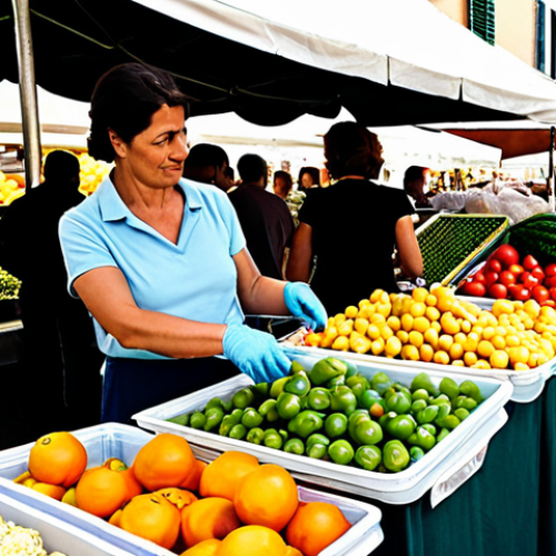 A professional Italian woman in her late 30s, fully clothed in modest, smart casual attire, stands at a bustling, sunlit local market (mercato rionale) stall in Italy. She is thoughtfully selecting fresh, unpackaged produce, holding her own reusable fabric shopping bag and a clean glass container. The market stall is filled with vibrant, loose fruits and vegetables, and a friendly vendor is visible in the background. The atmosphere is inviting and community-focused. Perfect anatomy, correct proportions, natural pose, well-formed hands, proper finger count, natural body proportions. Professional photography, high quality, natural light, safe for work, appropriate content, fully clothed, family-friendly.