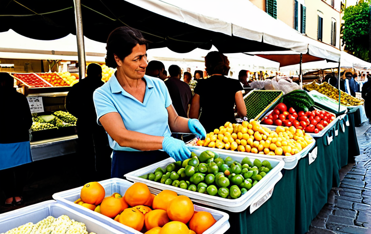 A professional Italian woman in her late 30s, fully clothed in modest, smart casual attire, stands at a bustling, sunlit local market (mercato rionale) stall in Italy. She is thoughtfully selecting fresh, unpackaged produce, holding her own reusable fabric shopping bag and a clean glass container. The market stall is filled with vibrant, loose fruits and vegetables, and a friendly vendor is visible in the background. The atmosphere is inviting and community-focused. Perfect anatomy, correct proportions, natural pose, well-formed hands, proper finger count, natural body proportions. Professional photography, high quality, natural light, safe for work, appropriate content, fully clothed, family-friendly.