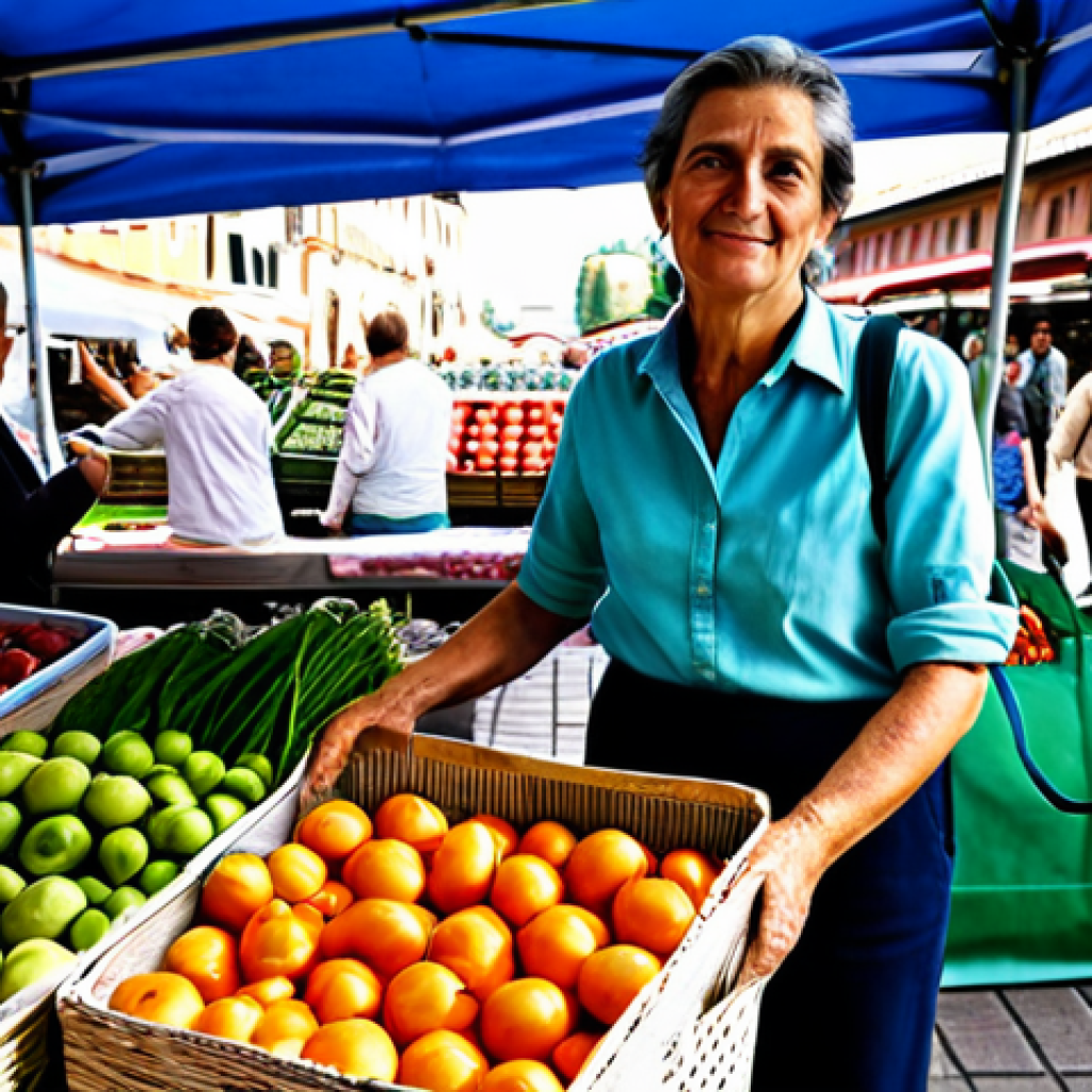 A thoughtful adult woman, dressed in modest, contemporary Italian casual wear, stands in a lively local farmers' market in an Italian city. She holds a reusable fabric bag filled with fresh, unpackaged produce and converses warmly with a local farmer. The background shows stalls overflowing with colorful fruits, vegetables, and other local products, with other shoppers using their own reusable containers. The scene evokes authenticity and community. fully clothed, appropriate attire, safe for work, perfect anatomy, correct proportions, natural pose, well-formed hands, proper finger count, natural body proportions, professional photography, high quality, modest, family-friendly.