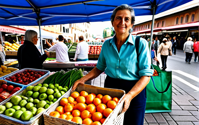 A thoughtful adult woman, dressed in modest, contemporary Italian casual wear, stands in a lively local farmers' market in an Italian city. She holds a reusable fabric bag filled with fresh, unpackaged produce and converses warmly with a local farmer. The background shows stalls overflowing with colorful fruits, vegetables, and other local products, with other shoppers using their own reusable containers. The scene evokes authenticity and community. fully clothed, appropriate attire, safe for work, perfect anatomy, correct proportions, natural pose, well-formed hands, proper finger count, natural body proportions, professional photography, high quality, modest, family-friendly.