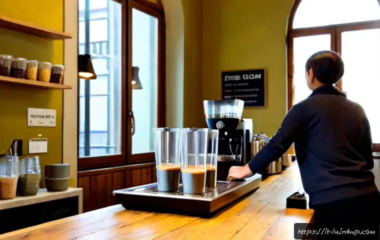 Home 10 제로웨이스트 커피숍 경영 전략 - Photorealistic Italian zero-waste coffee shop interior in Milan, friendly café owner arranging reusa...