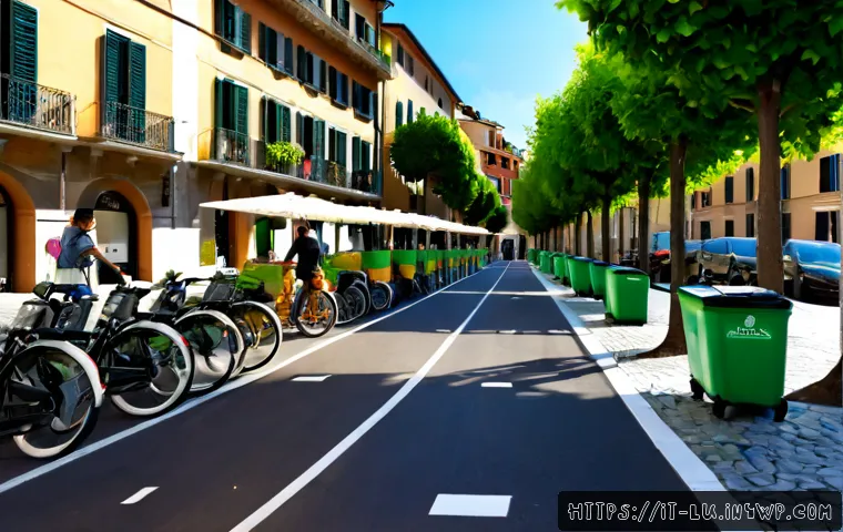 제로웨이스트와 도시 계획의 융합 - Photorealistic Italian city street redesigned for zero-waste living, elegant Mediterranean apartment...